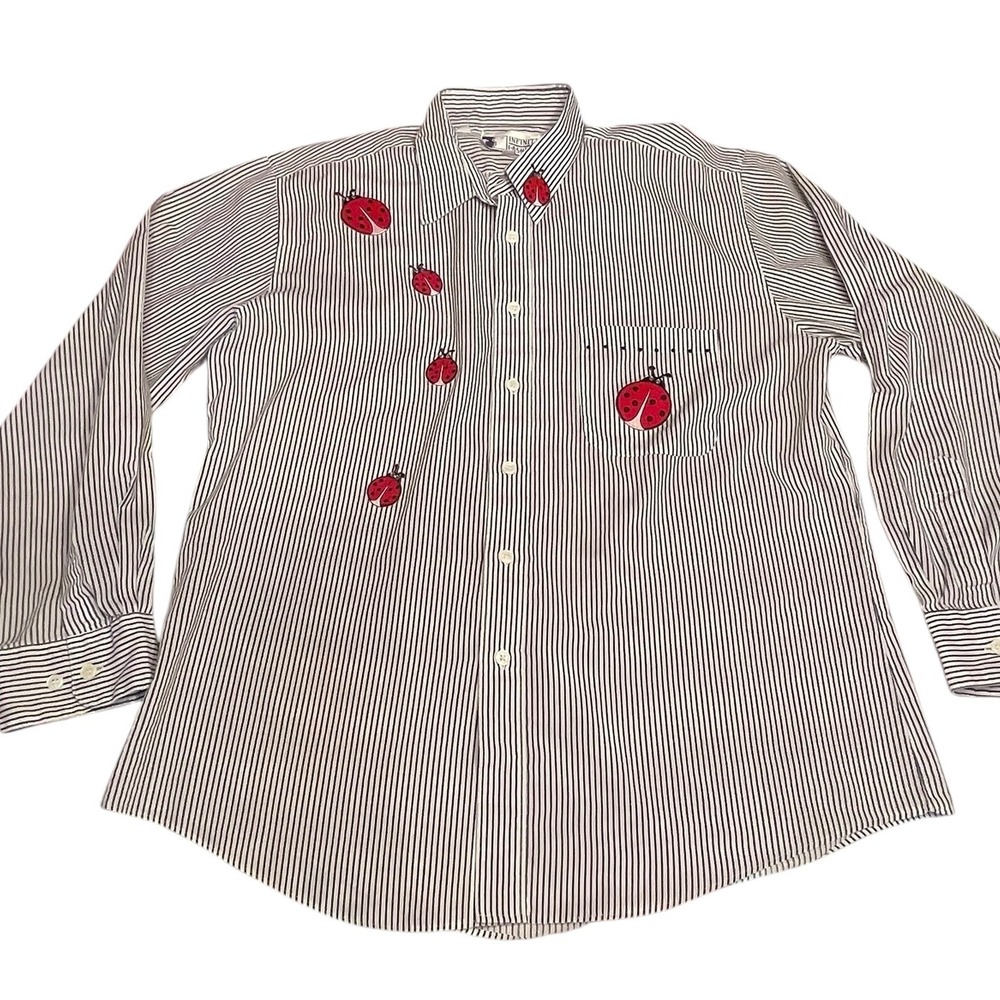 Striped Embroidered Ladybug Button Up Shirt Long Sleeve Top Women's Size Large